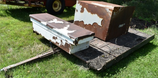 1958. Older Tilting Snowmobile Trailer, Metal Pickup Tool Box And Metal Cab