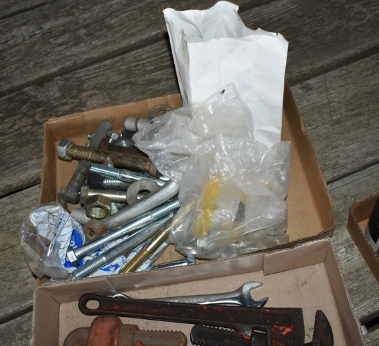 1973-B. 12” ADJUSTABLE WRENCH, PIPE WRENCH, MISC. TOOLS AND GOOD BOLTS