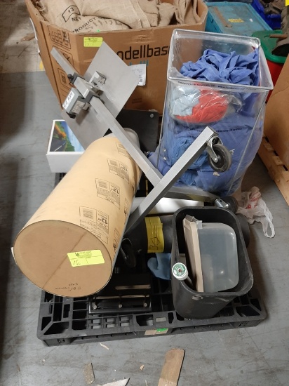 (1) pallet - Misc rags, rolling work surface & misc items