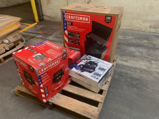 Lot of (2)air compressor, (1) jack stand and (1) tool chest