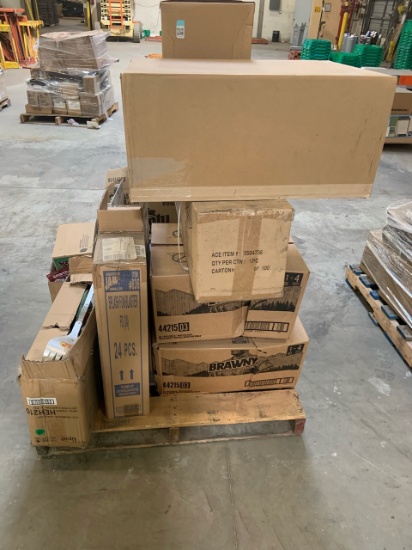 Pallet of mixed merchandise, to include but not limited to: Yeti coolers, miter saw stand, brawny pa