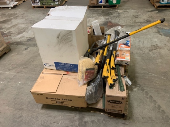 Pallet of mixed merchandise, to include but not limited to: assorted cleaners, axes, pick, hose rail