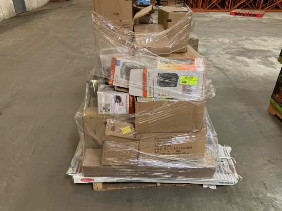 Pallet of mixed merchandise, to include but not limited to: assorted heaters, trash can, 3 drawer ca