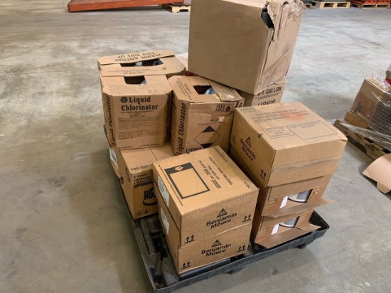 Pallet of mixed merchandise, to include but not limited to: paint, Roundup, caulk and liquid chlorin