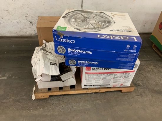Pallet of mixed merchandise, to include but not limited to: insulation, fans, hardware, shopping bas