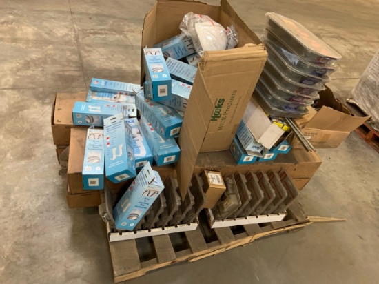 Pallet of mixed merchandise, to include but not limited to: Door knobs sets, brooms, fence hooks, su