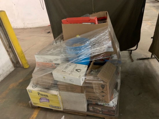 Pallet of mixed merchandise, to include but not limited to: Preen weed preventer, stapple gun, hand