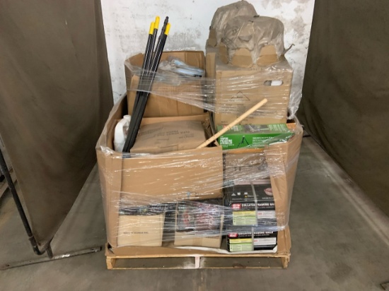 Pallet of mixed merchandise, to include but not limited to: Framing nails, broom sticks, fleas spray