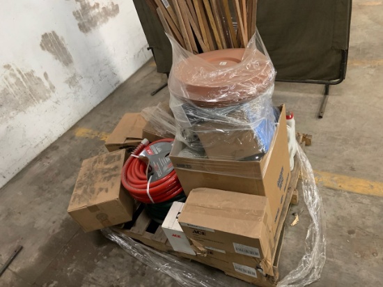 Pallet of mixed merchandise, to include but not limited to: Garden hoses, paint brushes, bugs sprays
