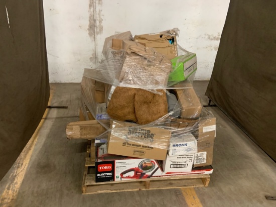 Pallet of mixed merchandise, to include but not limited to: hedge trimmer, plant baskets, grime stop
