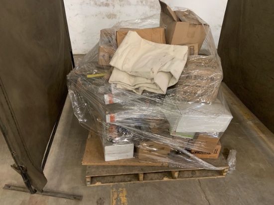 Pallet of mixed merchandise, to include but not limited to: Bona cleaner accessories, drop cloth, ti