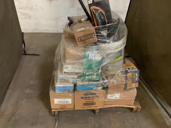 Pallet of mixed merchandise, to include but not limited to: m  assorted construction glue, tarps, ca