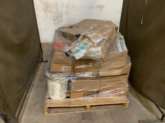 Pallet of mixed merchandise, to include but not limited to: Moldex spray, squeegee/ broom, tide to g