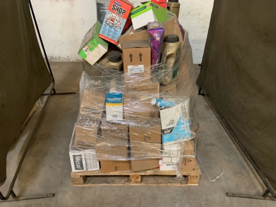 Pallet of mixed merchandise, to include but not limited to: shop towels, lawn seed, caulk, pump spra