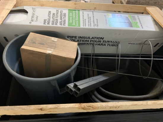 Pallet of mixed merchandise, to include but not limited to: Pipe insulation, trash cans, Wheel barro