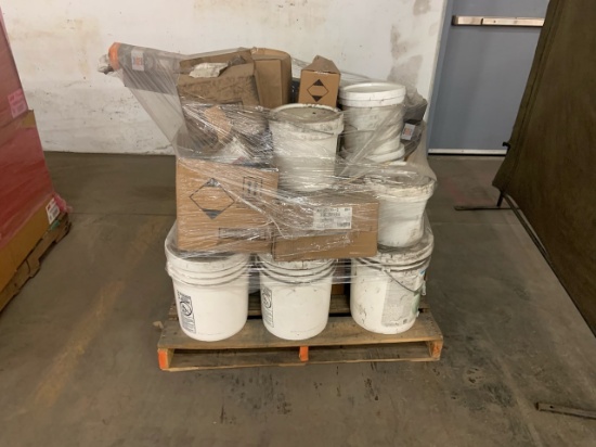 Pallet of mixed merchandise, to include but not limited to: Cleaners, silicone, paint, curtains rods