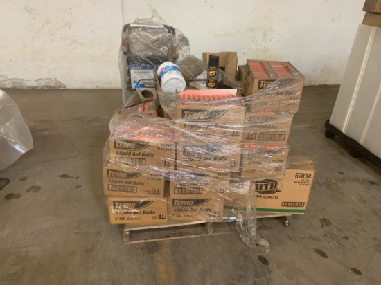 Pallet of mixed merchandise, to include but not limited to: Liquid ant baits, Algae guard, ant and r