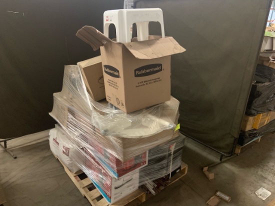 Pallet of mixed merchandise, to include but not limited to Well pumps, entry mats, iron board, stepp