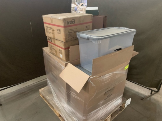Pallet of mixed merchandise, to include but not limited to: Plastic storage bins(3 boxes (6) units p