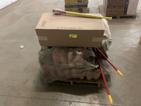 Pallet of mixed merchandise, to include but not limited to: Wide push brooms, clay pots, floor mats,