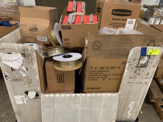 Pallet of mixed merchandise, to include but not limited to: Coolers, latex tubing, mop heads, grill