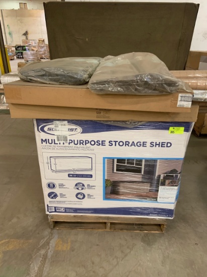 Lot of (2)Suncast Storage shed, outdoor blinds, extension poles, and flag poles