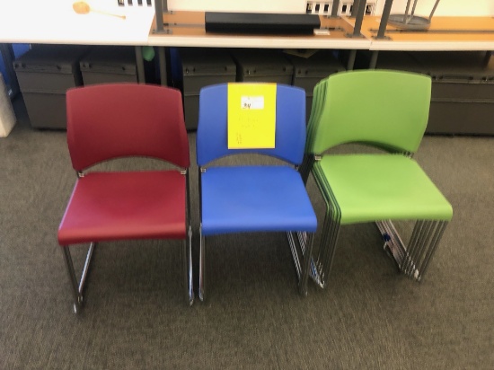 Stackable Plastic Guest Chairs; 3 Red, 3 Blue, 7 Green