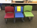Stackable Plastic Guest Chairs; 3 Red, 3 Blue, 7 Green