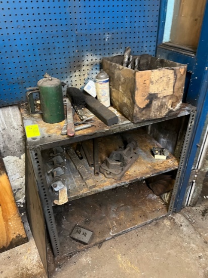 Bench with Misc. Tools, Large Drill Bits, Piston Holder, Sprayer