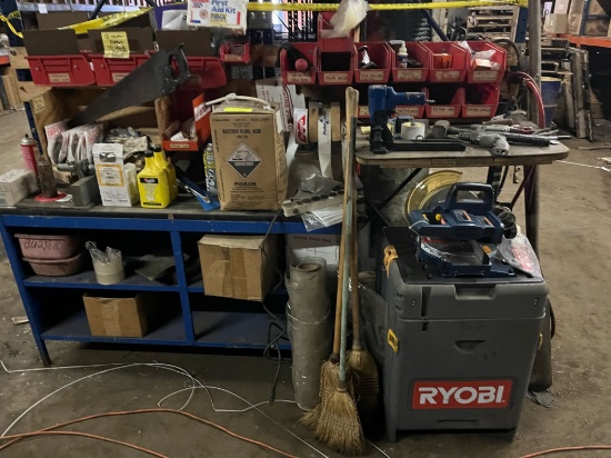Bench, Brake Fluid, Tooling, Ryobi Saw Kit, + More Shelving not included