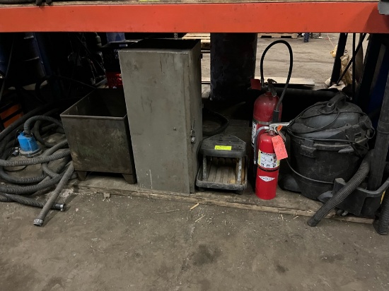 Shop Vac, (2) Fire Extinguishers, Sump Pumps, Cabinet, + More Shelving not included