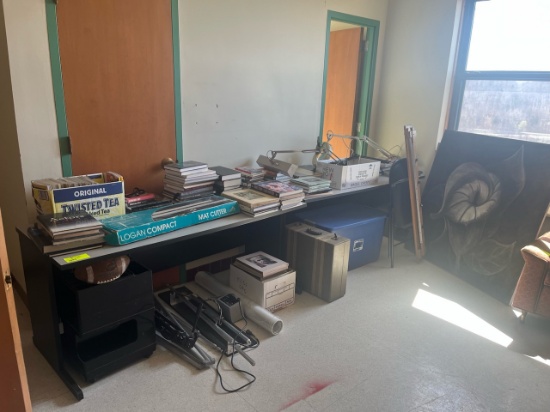 Loc: 12.8.  Lot of Asst'd Books, 2 Tables, Desk Lamps, Tripods, Vintage Luggage, Chair, Painting