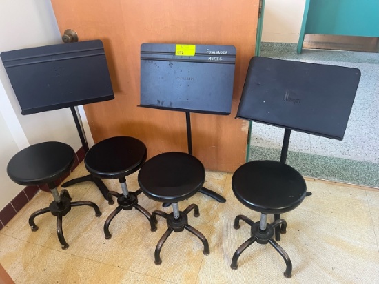 Loc: 12.8.  Lot of 3 Music Stands and 4 Stools