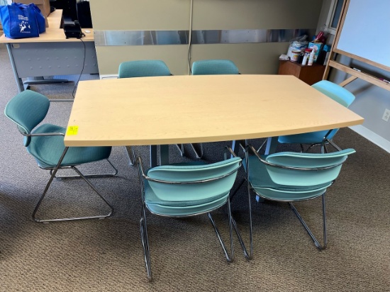 Loc: 12.6.  Table (41"X71"X29.5") w/(6) Blue Chairs