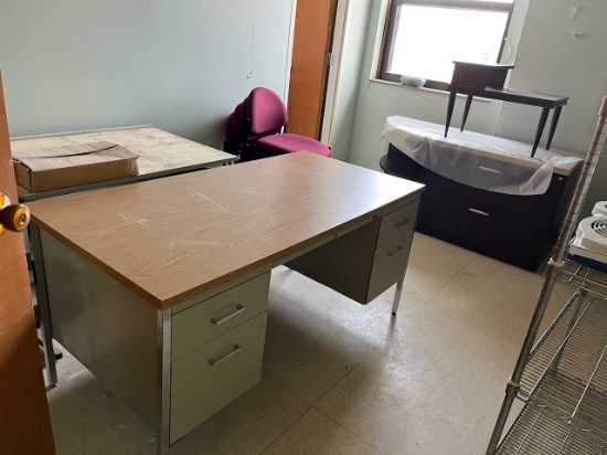 Loc: 12.5. Lot of Office Furniture to Include (4) Desks, (2) Tables, File Cabinet, (13) Chairs, Shel