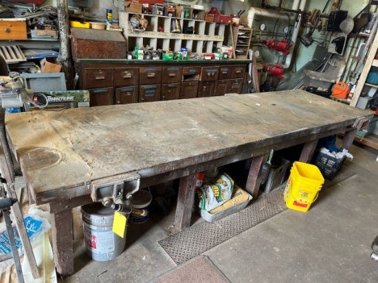Loc: 3 Maint.  Wood work bench 42'x12'x28" with 4 vises