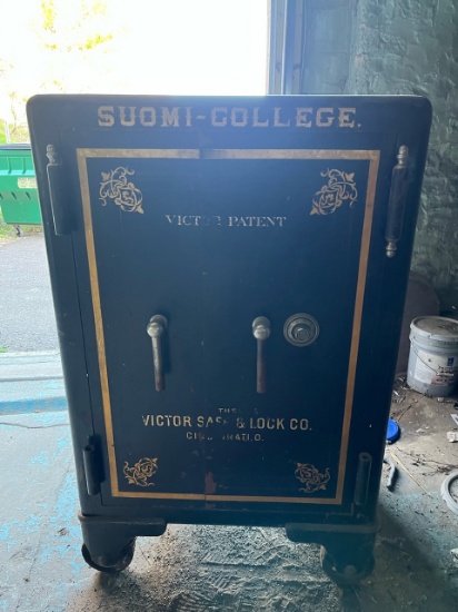 Loc: 11.  Victor Patent Victor Safe and Lock Co Large Antique Safe on wheels, 3' w X 31" d x 57" h,