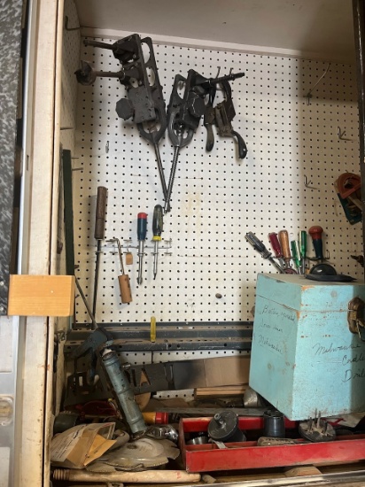 Loc: 3 Maint.  Cabinet Contents of assorted woodworking tools, screwdrivers, caulk guns, files, jig