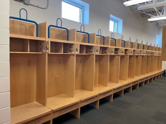 Loc: FH. Lot of (14) Wood Athletic Team Lockers 30"x24"x84" w/ pad holder, bottom & top storage