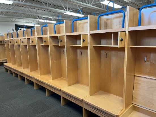 Loc: FH. Lot of (10) Wood Athletic Team Lockers 30"x24"x84" w/ pad holder, bottom & top storage