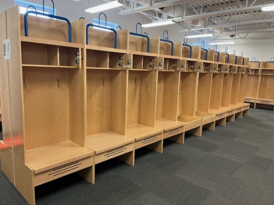 Loc: FH. Lot of (10) Wood Athletic Team Lockers 30"x24"x84" w/ pad holder, bottom & top storage