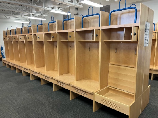 Loc: FH. Lot of (10) Wood Athletic Team Lockers 30"x24"x84" w/ pad holder, bottom & top storage