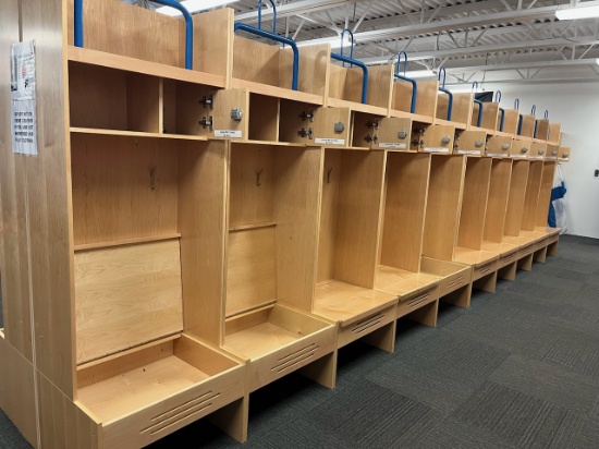 Loc: FH. Lot of (10) Wood Athletic Team Lockers 30"x24"x84" w/ pad holder, bottom & top storage