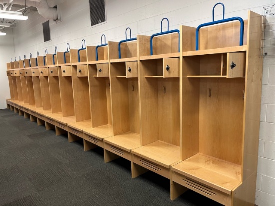 Loc: FH. Lot of (14) Wood Athletic Team Lockers 30"x24"x84" w/ pad holder, bottom & top storage