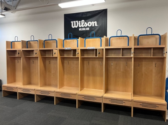 Loc: FH. Lot of (7) Wood Athletic Team Lockers 30"x24"x84" w/ pad holder, bottom & top storage