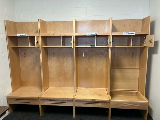 Loc: FH. Lot of (4) Wood Athletic Team Lockers 30"x24"x84" w/ bottom & top storage
