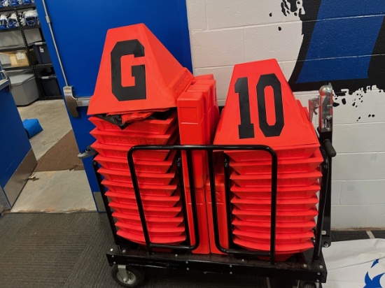 Loc: FH. Lot of Rogers Foam Football Field Yard/Line Markers & Foam Goal Post w/ Trailer/Cart
