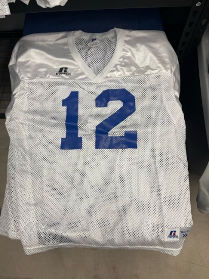 Loc: FH. Lot of (24) White Russell Athletic Porthole Football Jerseys (Assorted Sizes & Numbers)