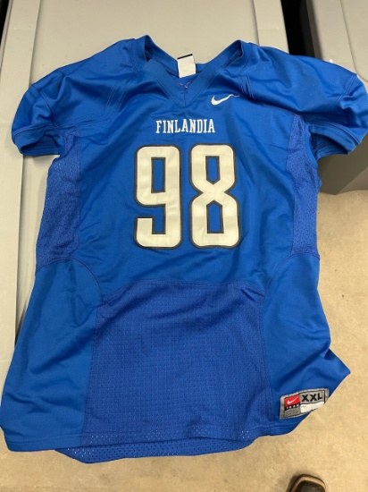 Loc: FH. Lot of 30+ Blue Finlandia Practice Football Jerseys by Nike (Assorted Sizes & Numbers)