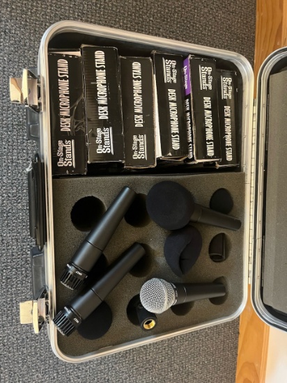Loc: 6. Lot of (4) Microphones with Stand and Case. This lot is located at: 532 Franklin St, Hancock